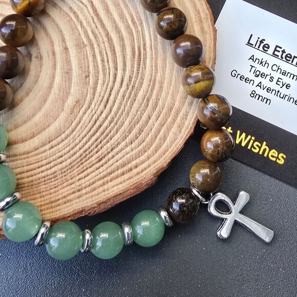 Handmade ✦ Life Eternal Bracelet ✦ Ankh Charm Tiger’s Eye Green Aventurine 8mm - Picture 6 of 7
